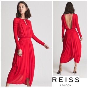 New! REISS Savannah Open Back Draped Midi Dress Long Sleeve in Red